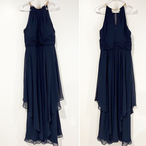 Eliza J Chiffon Layered Gold Chain High Neck Navy Maxi Gown Size 10 - Picture 2 of 9